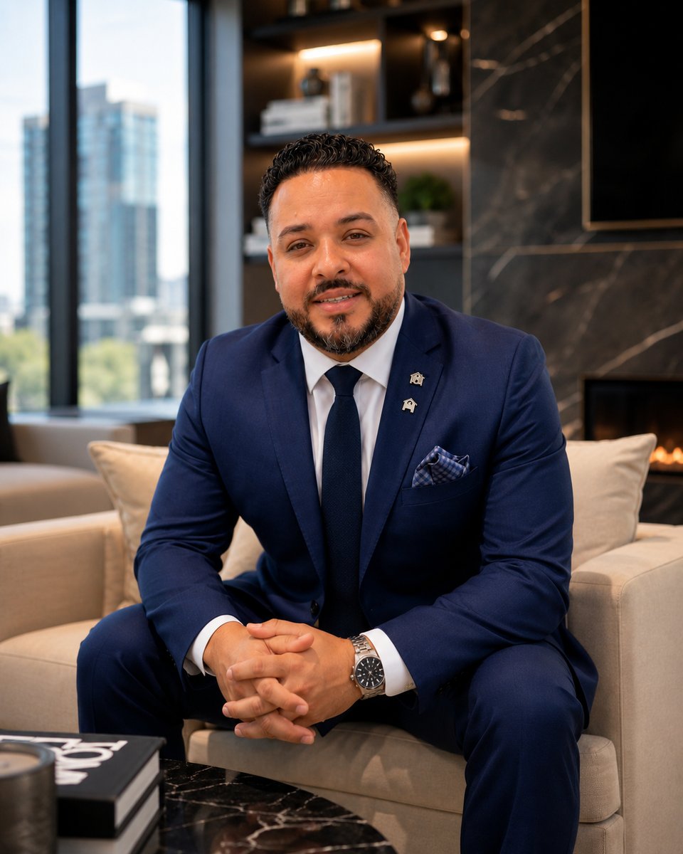 Victor Serna-Delgado, bilingual listing agent with eXp Realty, in a navy suit seated in a modern living room